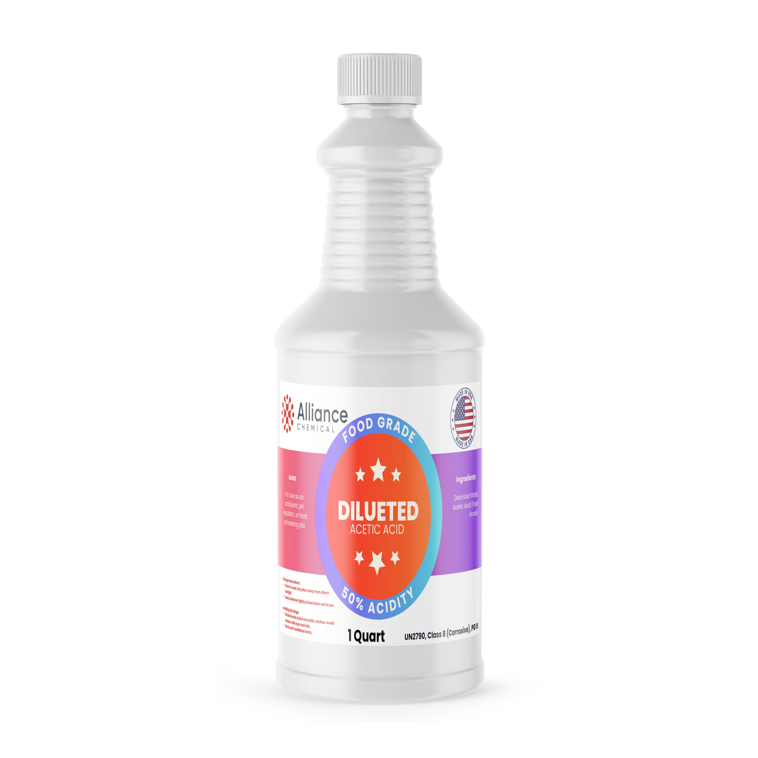 Alliance Chemical 50% diluted acetic acid food grade in clear 1 quart HDPE bottle with screw cap